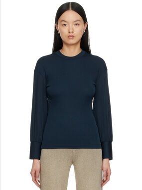 AERON Navy Balloon Sleeve Stretch Knit Crewneck Top Women’s Small